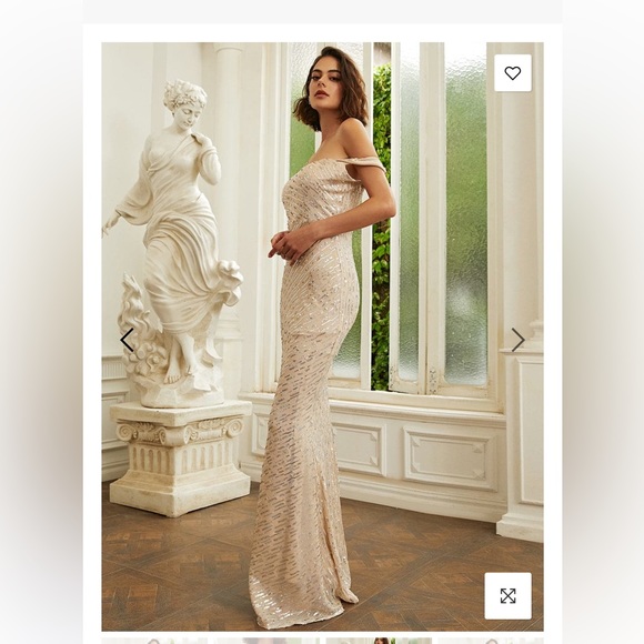 Off the shoulder sequin slip golden evening dress - Picture 4 of 9